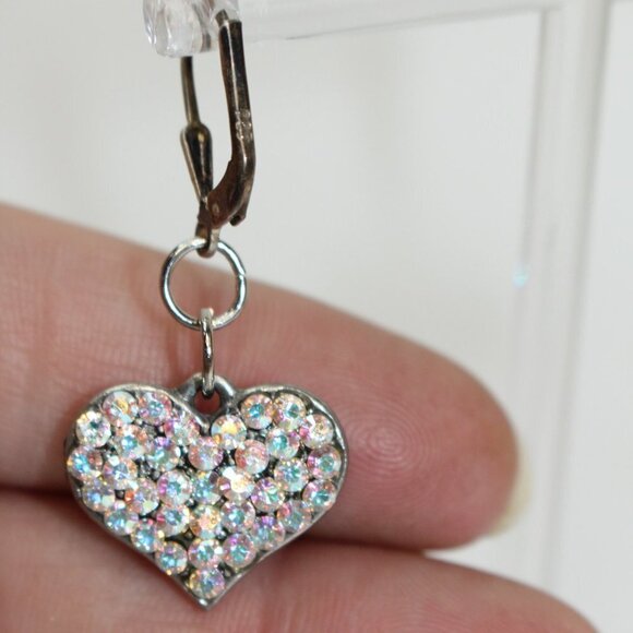 Earrings MARKED 925 STERLING SILVER Pierced Dangle Leverback Heart Rhinestone - Picture 6 of 12